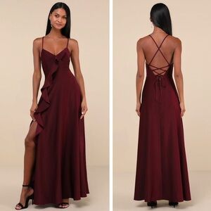 NWT Lulus Stylish Grace Dark Plum Backless Lace-Up Ruffled Maxi Dress, Small